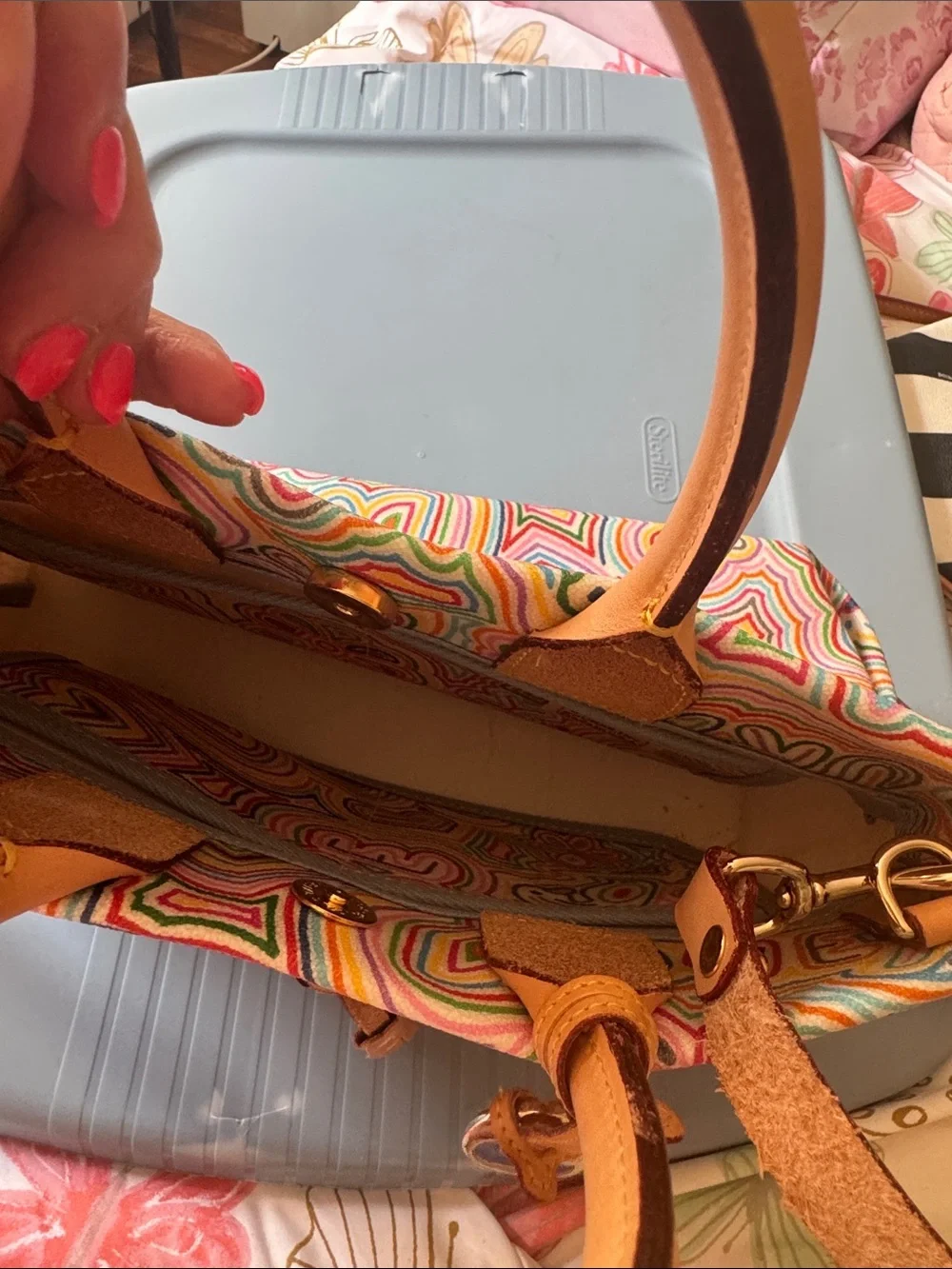 Dooney & Bourke Multicolor Logo Print Canvas Satchel with Tan Leather Trim